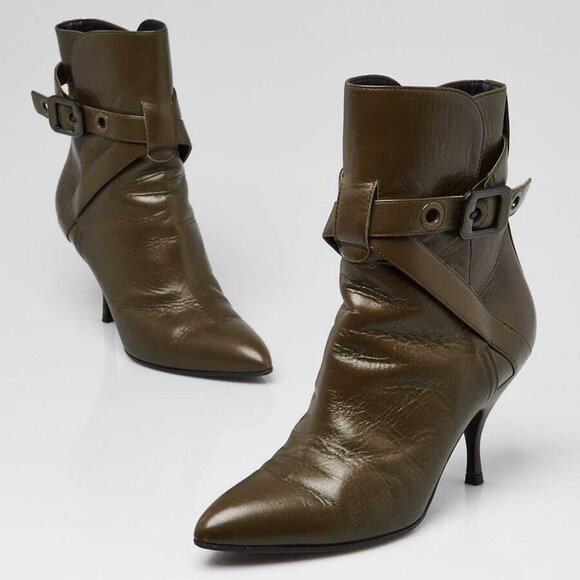 Bottega Veneta Dark Green Leather Pointed Toe Ankle Booties Size 6.5/37 - Picture 2 of 5
